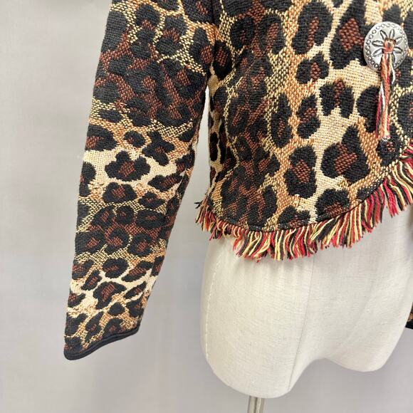Vintage Cache Leopard Print Woven Fringe Bolero Blanket Jacket Size Small Cotton - Picture 7 of 16